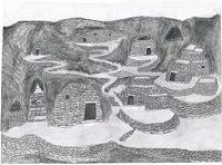 Type I.2c. An artist's conception of a residential complex built into caves with all-stone corbelled anterooms (drawn by Kleo Belay)